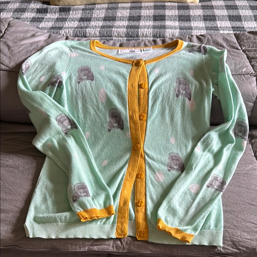 Mint Green Cardigan with Yellow Trim
